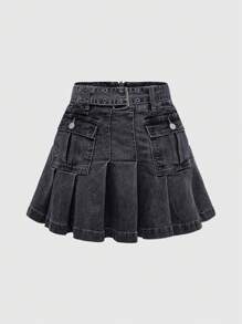 ROMWE Grunge Punk Women's Waist Strap Pocket Pleated Simple Casual Denim Skirt