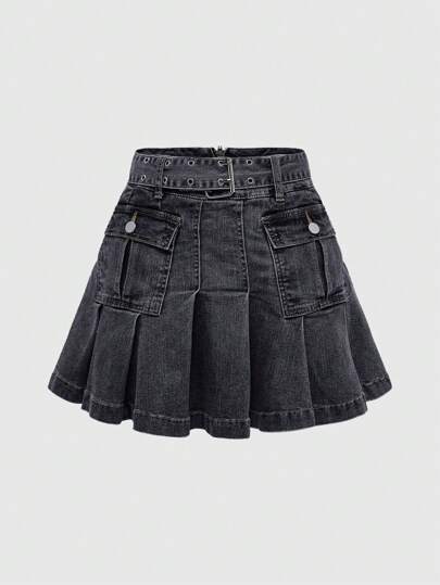 Grunge Punk Women's Waist Strap Pocket Pleated Simple Casual Denim Skirt