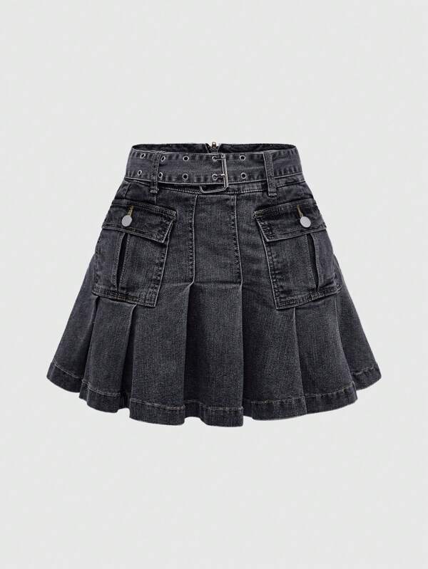 ROMWE Grunge Punk Women's Waist Strap Pocket Pleated Simple Casual Denim Skirt