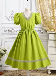 SHEIN Vestido informal de manga corta con cuello en V y ribete de volantes para niñas preadolescentes, vestido para Ramadán