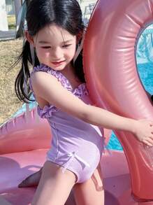 DAZY Girls' One-Piece Swimsuit With Frill Trim And Bow, Kid Clothes For Fall - Violet Purple - View 6