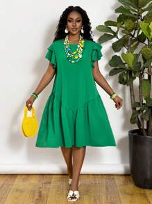 Slaydiva Plus Size Round Neck A-Line Knee Length Ruffle Sleeve Romantic Hem Green Casual Spring/Summer Vacation Dress