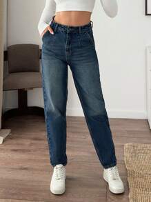 EURMUSE WOMEN HIGH WAIST MOM FIT JEANS - Dark Wash - View 3