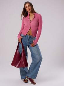 MUSERA 罗纹立领拉链开衫 春季 2020 90 年代休闲可爱 - 玫紅色 - 查看 3