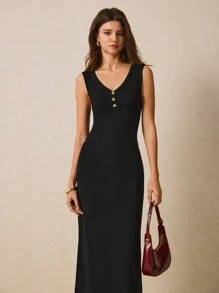 Poéselle 女式黑色前金属扣无袖修身连衣裙，春夏，优雅女式连衣裙，端庄女式连衣裙，复古女式连衣裙，女式春季服装，女式夏季连衣裙 - 黑色 - 查看 6