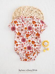 Cozy Pixies Baby Girl Soft Knitted Floral Print Short Sleeve Bodysuit