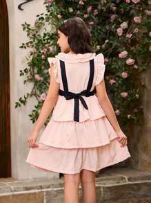 SHEIN 女孩优雅蝴蝶蕾丝领分层泡泡袖连衣裙浅粉色，甜美风格，适合春夏日常穿着，（2 件单独出售） - 淺粉色 - 查看 2