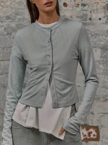 MUSERA Crew Neck Long Sleeve Popper Down Fastening Fitted TopVacation Spring Summer - Green - View 5