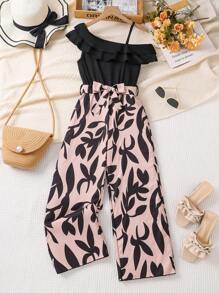 SHEIN Tween Girls Casual Strappy Ruffle Trim Printed Jumpsuit With Belt, Straight Leg, Suitable For Spring/Summer