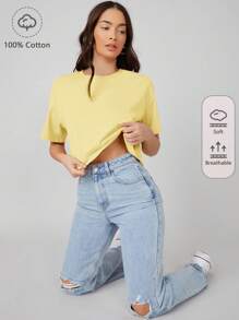 SHEIN BASICS Casual Solid Drop Shoulder Crop Tee