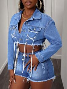 SHEIN Slayr Fashionable Personalized Women Fringe Hem Tie Denim Jacket - Medium Wash - View 5