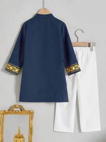 2pcs/Set Young Boy Print Half Placket Shirt + Pants Kurta Set - Multicolor - View 2