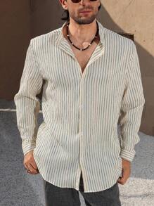 Manfinity RSRT Męska koszula z długim rękawem i guzikami z przodu, w paski, casualowa - Wielokolorowe - Zobacz 1