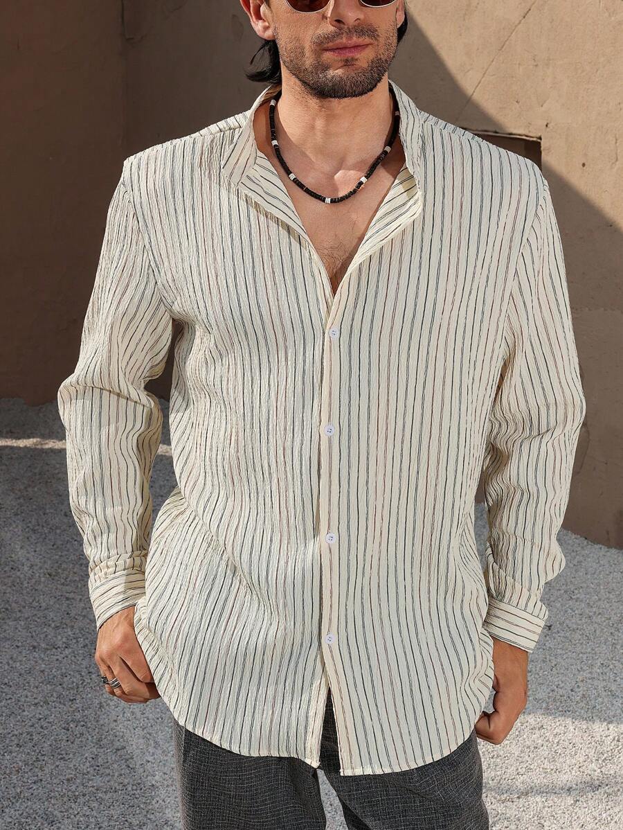 Manfinity RSRT Męska koszula z długim rękawem i guzikami z przodu, w paski, casualowa - Wielokolorowe - Zobacz 1