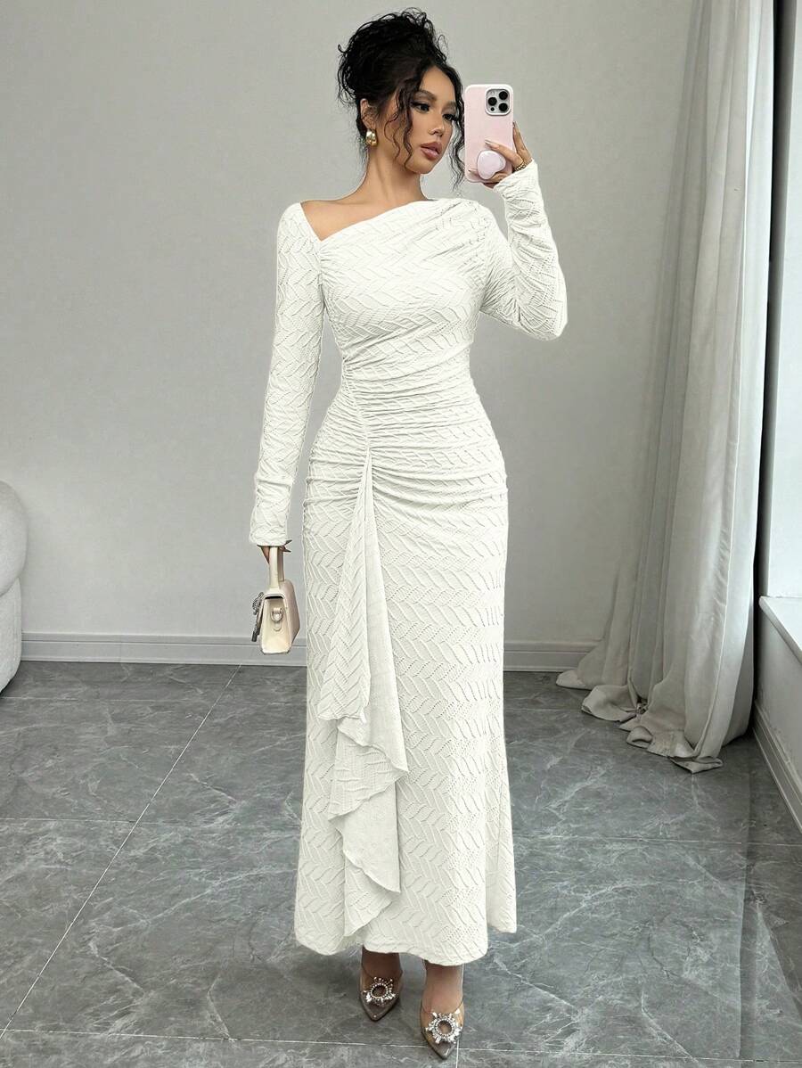 Elenzga Đầm Maxi Dệt Kim Họa Tiết Màu Trơn Cổ Chữ A Tay Dài Cổ Chữ V Thanh Lịch Quyến Rũ Cho Nữ - Màu be - Xem 1