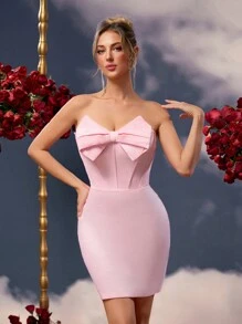SHEIN Belle Elegant Romantic Spring And Summer Light Pink Satin Bow Decor Tube Dress, Graduation Dress, Wedding, Concert Dress, Vacation Dress, Cute Summer, Ball Dress, Cocktail Dress, Wedding Guest Dress, Party Dress