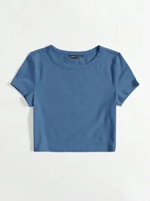 SHEIN EZwear Cap Sleeve Solid Crop Tee - Dusty Blue - View 3