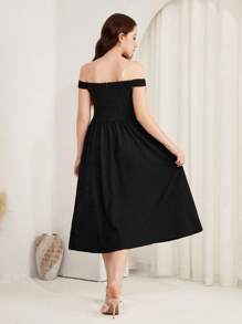 SHEIN 少女露肩撞色蝴蝶结中长连衣裙，派对黑色鸡尾酒会礼服，黑色返校节礼服，优雅连衣裙 - 彩色 - 查看 2