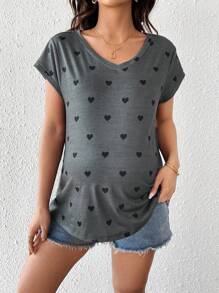 SHEIN Maternity Heart Print V-Neck Short Sleeve Casual T-Shirt - Grey - View 1