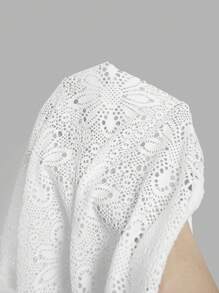 SHEIN MOD 女式白色钩针蕾丝长袖衬衫、度假上衣、镂空衬衫、白色衬衫、波西米亚风、女式沙滩罩衫、网眼、女式纽扣衬衫、波西米亚风女装 - 白色 - 查看 5