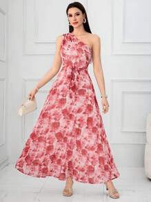 Modelyn Women's Asymmetrical Shoulder Sleeveless Floral Print Bodycon Long Dress, Elegant