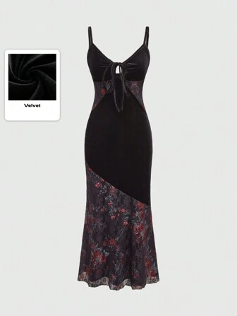 Hippie Velvet V-Neck Floral Hollow-Out Twist Midi Dress