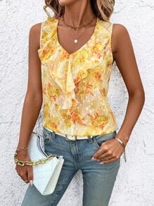 SHEIN Clasi V-Neck Sleeveless Shirt For Women With Ruffle Trim, Casual Daily Wear,Summer Outfits For Women