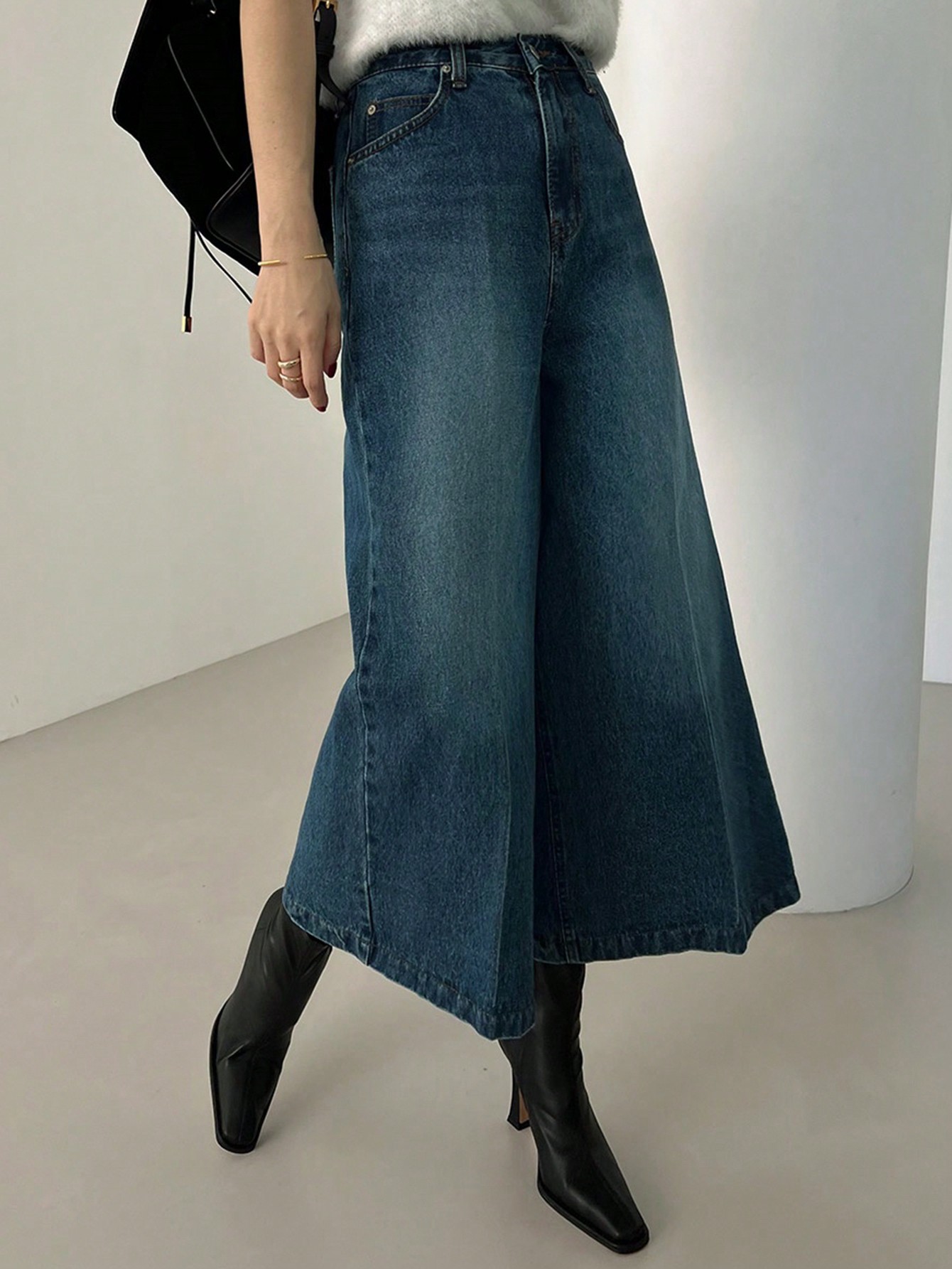 DAZY سراويل جينز نسائية فضفاضة واسعة الساق بطول 7/...