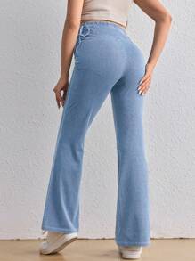 SHEIN 孕妇牛仔紧身喇叭牛仔裤，休闲蓝色孕妇牛仔裤 - 淺色水洗藍 - 查看 2