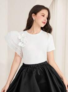 SHEIN Teen Girls' Spring/Summer White Knit Crew Neck Short Sleeve Layered Organza Ruffle Sleeve Floral Decor Elegant Blouse, Suitable For Holiday, Wedding - White - View 5