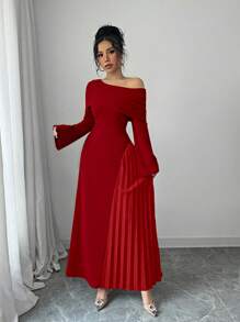 Elenzga Robe longue élégante pour femmes, en couleur unie, avec épaule oblique attrayante, taille froncée, volant asymétrique au bas, idéale pour les déplacements et les soirées - Rouge - Voir 6