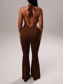 VaVaBold Women's V-Neck Ruffled Trim Sleeveless Slim Elegant Coffee Jumpsuit - Coffee Brown - View 2