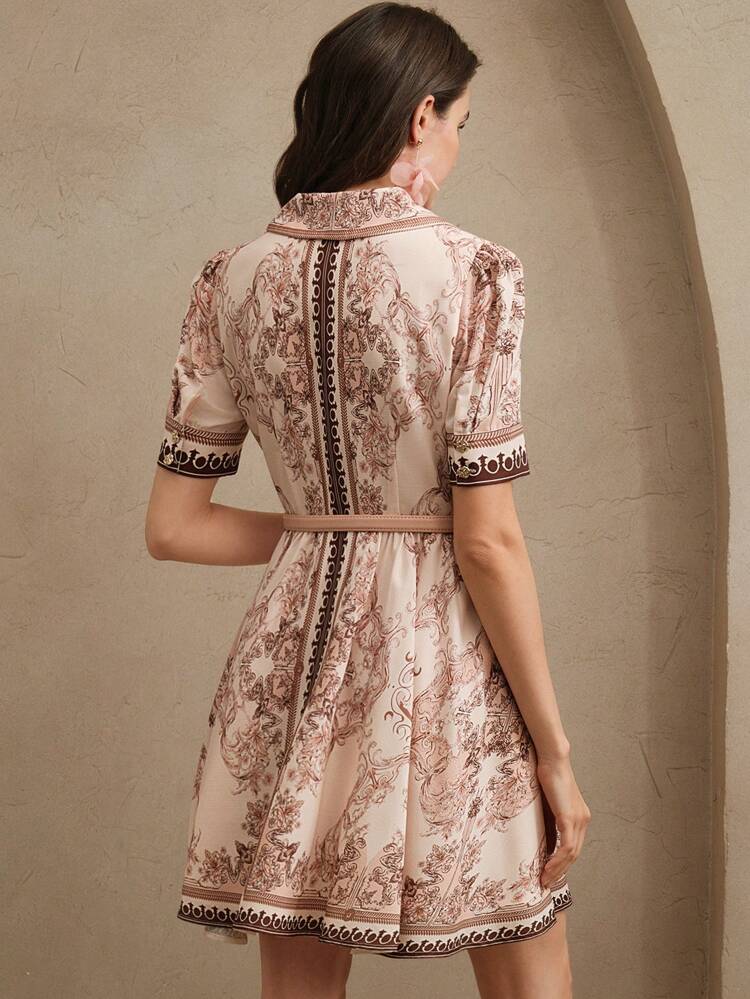 Women's Floral & Retro Pattern Single-Breasted Cinched Waist Waist V-Neck Mini Dress, Elegant Design For Festival, Going Out, Vacation, Boho Spring/Summer