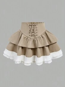 SHEIN Girlism Tween Girls Woven Solid Color Cross Straps Layered Cake Khaki Pressed Lace Trim Short Skirt,Back To School,Casual And Versatile, Ladylike, Sweet And Cool Girl - Khaki - View 1