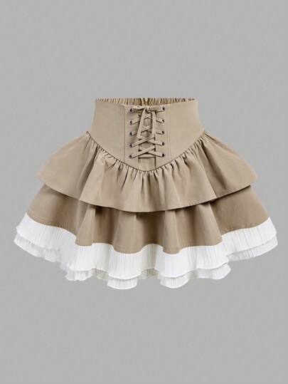 SHEIN Girlism Tween Girls Woven Solid Color Cross Straps Layered Cake Khaki Pressed Lace Trim Short Skirt,Back To School,Casual And Versatile, Ladylike, Sweet And Cool Girl