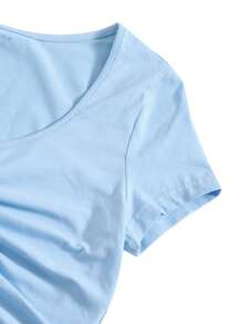 Muchica تي شيرت مكشكش برباط وبلون موحد - أزرق فاتح اللون - مشاهدة 5