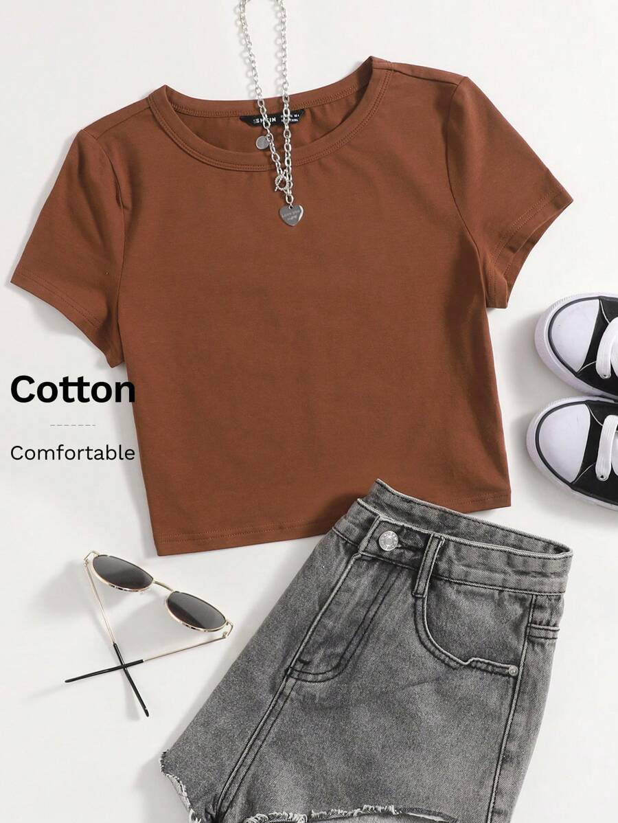 SHEIN EZwear Marled Knit Solid Tee - Coffee Brown - View 1