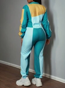 Slaydiva Conjunto informal de 2 piezas para mujer con chaqueta corta de cuello alto con cremallera y pantalón ancho de chándal con efecto color block