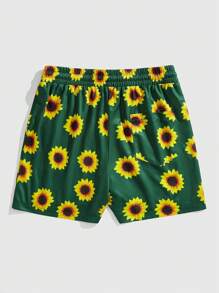 ROMWE MEN Men's Drawstring Waist Sunflower Print Casual Shorts, Vacation - Multicolor - View 2