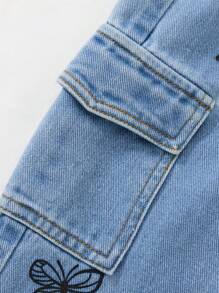 1 pièce Jeans droits à imprimé papillon avec poches utilitaires pour petites filles, style décontracté