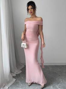 Elenzga Women's Elegant Solid Color Off Shoulder Mermaid Dress - Pink - View 5