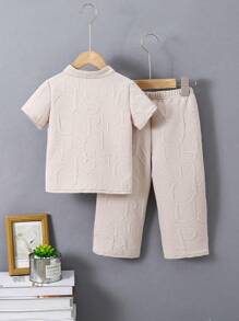 男婴经典休闲提花针织短袖上衣和长裤套装 - 卡其色 - 查看 2