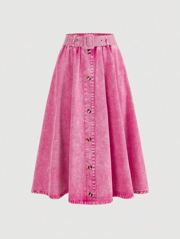 SHEIN MOD Falda vaquera rosa de cintura alta y holgada con cinturón para mujer, para verano, salir, oficina, Pascua, conciertos, estilo vintage, faldas pastel, estilo vaquero, rosa