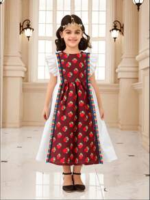 SHEIN Young Girls Ramadan Fashion Digital Floral Print Round Neck Short Sleeve Elastic Waist A-Line Maxi Dress, Summer - Multicolor - View 1