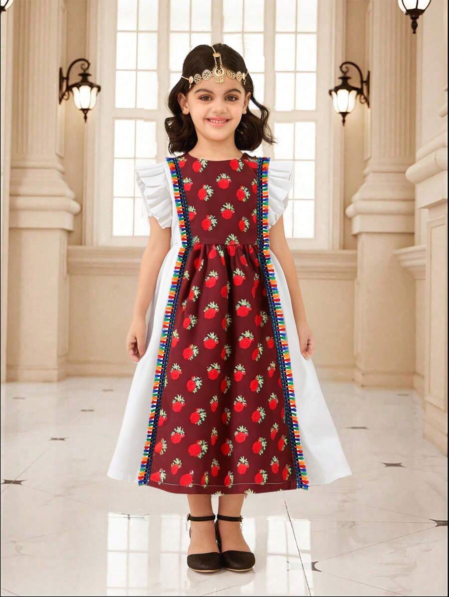 SHEIN Young Girls Ramadan Fashion Digital Floral Print Round Neck Short Sleeve Elastic Waist A-Line Maxi Dress, Summer - Multicolor - View 1