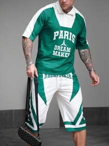 Manfinity EMRG 2pcs Men's Letter Print Zipper Henley Short Sleeve Basketball Jersey Style T-Shirt And Shorts Set,Street Wearing - Multicolor - View 5