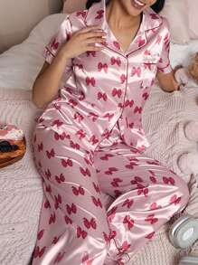 Valentine's Day Pink Butterfly Print Lapel Short Sleeve Pajama Set - Baby Pink - View 5