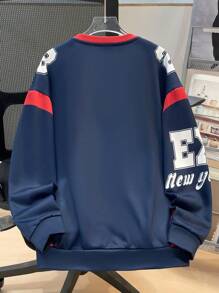 SHEIN Leap Crew Tween Boy Sporty Letter Color Block Graphic Long Sleeve V-Neck Sweatshirt, Suitable For Autumn/Spring, Suitable For Outdoor Play, Sports, School, Street, Party And Leisure, High Cost-Effective - Navy Blue - View 2