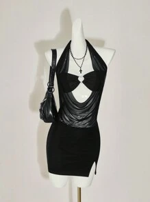 SHEIN ICON Women's Y2k Concert Women Outfit Festival Rave Outfit Simple Fitted Draped Neck Drop Shoulder Mock 2 Pieces Mini Black Date Night Dress - Black - View 4