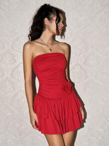 SHEIN EZwear Vestido corto minifalda con volante y adorno de flores 3D para mujer